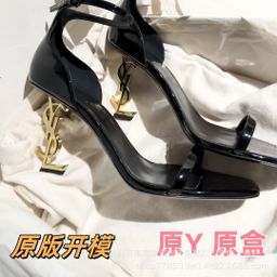 thumbnail for High-heeled Sandals Women's 2023 Summer New All-match Gold Black Letter Heel Black Patent Leather Piece High-heeled Shoes with Buckle