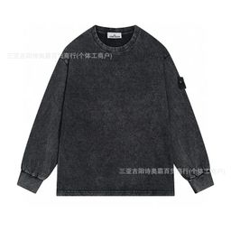 thumbnail for Cross-Border Stone Stone-Colored Washed Vintage Badge Pullover Casual Unisex Crew Neck Long-Sleeve T-Shirt Loose Fit