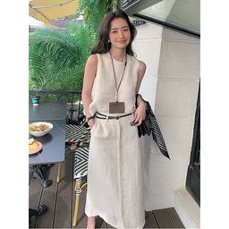 thumbnail for High-End Linen Round Neck Sleeveless Top for Women Summer New 2025 Slim Mid-Length A-Line Skirt Two-Piece Suit