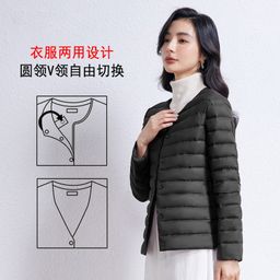 thumbnail for Cross-border TikTok thin and light round neck liner down jacket women's warm short V-neck wears a collarless bottom jacket