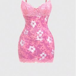 thumbnail for 2025 Cross-border Amazon Sexy Lace Slip Dress Waist Retro Print Crop Hip Skirt Shredded Dress