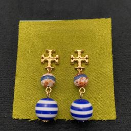 thumbnail for European and American fashion, light luxury, simple commuting, niche design, inlaid with colored glass stripes, ball metal earrings