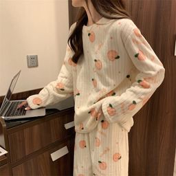 thumbnail for Coral Velvet Pajamas for Women in Autumn and Winter Thickeneded Flannel Cute Home Clothes Outer Wear Loose Long Fashion Cardigan Set