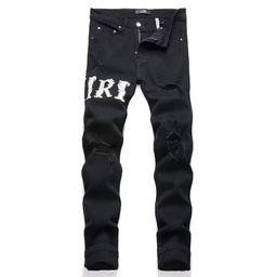 thumbnail for Calça jeans slim stretch estampada e tingida, estilo punk retrô, com rasgos, versão alta correta AMIRI, exportação.