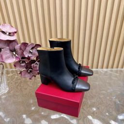 thumbnail for High Version Square Toe Bow Side Zipper Genuine Leather Sole Large Size Thick High Heel Color Matching Leather Lining Short Martin Boots for Women