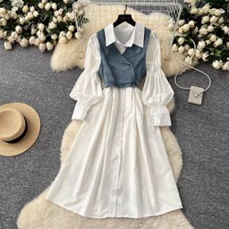 thumbnail for Korean Style Women&#039;s French High-End Puff Sleeve Single-Breasted Shirt Dress + Strappy Waist Denim Vest