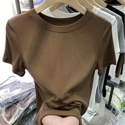 thumbnail for TikTok Explosions Round Neck Short-sleeved T-shirt Women's 2024 Summer New Thread Elastic Slim-fit T-shirt All-match Simple Top