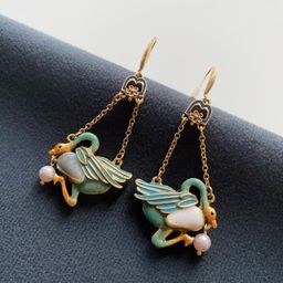 thumbnail for Vintage earrings 2024 new trendy green swan national tide Hanfu long tassel pearl earrings