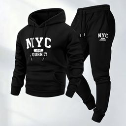 thumbnail for Men's sports suit, autumn and winter fleece-lined hoodie, European size, winter jacket two-piece set, autumn cross-border