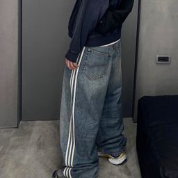 thumbnail for B style co-branded washed side stripe three-bar loose straight jeans trousers, trousers unisex wide-leg pants