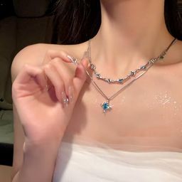 thumbnail for Korean and Japanese Style Double-Layered Blue and Green Four-Pointed Star Necklace for Women, Unique and Trendy, Super Fairy-Like, Sweet and Cool Temperament Sweater Chain