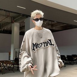 thumbnail for American hiphop wasteland style patch round neck long-sleeved sweatshirt men's spring and autumn washed ruffian handsome dirty jacket