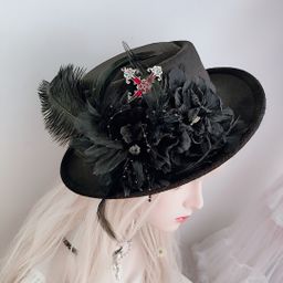 thumbnail for Original handmade woolen British French dark rose top hat Lolita feather wool felt hat Halloween