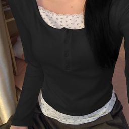 thumbnail for 5069 Pure Desire Spice Girl Fake Two-piece Lace Stitching Floral T-shirt Women's Autumn and Winter Design Sense Top with Chest Pad