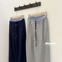 thumbnail for 现货 mm直筒2025秋冬季新款百搭格纹双腰假两件宽松休闲加绒卫裤