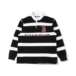 thumbnail for Striped appliqué embroidered pattern long-sleeved rugby uniform unisex with chunky striped lapel top