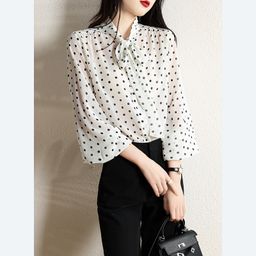 thumbnail for Polka Dot Shirt Women&#039;s Spring & Fall 2025 New Retro Bow Tie Top Design Niche Long-Sleeved Retro Age-Reducing Shirt