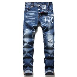 thumbnail for 2023 New DSQ Quadratic Slim Fit Jeans Foreign Trade Button ICON Elastic Destruction Hip Hop Style Europe and America