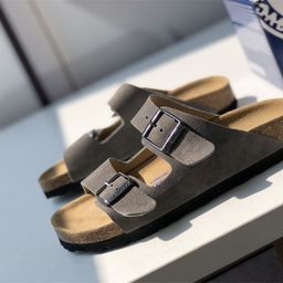 thumbnail for A generation of factory goods boken leather two-button cork slippers flat beach shoes casual sandals