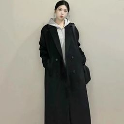 thumbnail for Black woolen coat, female tall long loose and slim 2025 autumn/winter new Korean over-the-knee woolen jacket