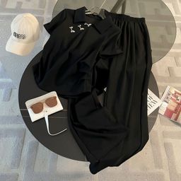 thumbnail for Traje deportivo para mujer verano nueva moda estilo occidental hebilla cintura manga corta pantalones anchos traje casual de dos piezas de moda