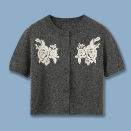 thumbnail for Soft waxy wool short-sleeved knitted cardigan, gray crew neck, flower embroidery, vintage gentle, vintage style versatile top