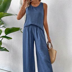 thumbnail for Conjunto de Dos Piezas de Encaje Calado de Color Sólido para Mujer, Estilo Europeo y Americano, Primavera y Verano, Top Informal sin Mangas y Pantalones Anchos Largos