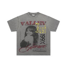 thumbnail for Cross-border foreign trade trendy brand Vale retro character print washed distressed retro loose short-sleeved T-shirt base shirt for men