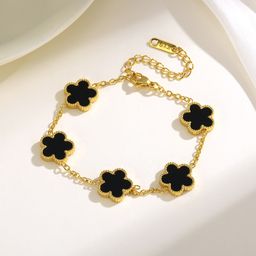 thumbnail for Cross-Border Hot-Selling Five-Leaf Flower 13mm Double-Sided Five-Leaf Clover Bracelet, Plated with 18K Gold, Titanium Steel, Stainless Steel, Non-Fading, Versatile