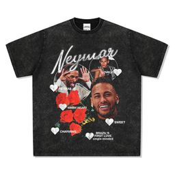thumbnail for Camiseta de manga curta com estampa de estrela do futebol americano, estilo retrô americano, lavagem desgastada, unissex, primavera/verão, corte solto, resistente, estilo high street.