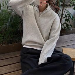 thumbnail for Ma family square style half-high neck zipper knit sweater couple loose long-sleeved sweater lazy style foreign trade cardigan