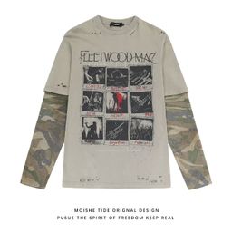 thumbnail for Autumn American retro fake two-piece long-sleeved T-shirt for men and women, casual loose ruffian, high-end camouflage patchwork top