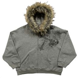 thumbnail for 2025 European and American fleece hat sweatshirt print pattern long sleeve pullover hoodie retro coat street trend y2