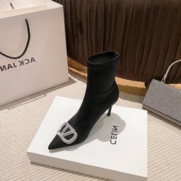 thumbnail for 2026 Autumn/Winter New Black Pointed Toe High Heel Stiletto V-Button Rhinestone Mid-Calf Stretch Slim Women's Ankle Socks Boots