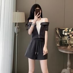 thumbnail for 2025 Women's Summer New Short-Sleeved Suit Versatile Fake Two-Piece Top Wide-leg Shorts Age-Reducing Casual Two-Piece Set Trend