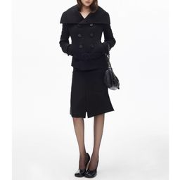 thumbnail for Light mature wind soft wool large lapel multi-wear method double-breasted waistband short slightly loose woolen jacket trendy