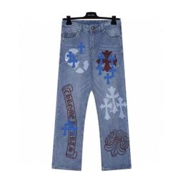 thumbnail for 24 Correct Edition CH Crowe Cross Skin Embroidered Washed Jeans Loose Denim for Couples Wholesale