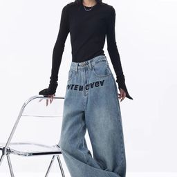 thumbnail for KEN STUDIO early spring new blue jeans women's embroidery design sense loose wide-leg pants mop pants pants