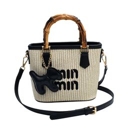 thumbnail for 2026 Spring and Summer Fashion Contrast Straw Bamboo Basket Bag Bucket Bag Handbag One Shoulder Crossbody Bag Women's Bag