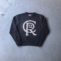 thumbnail for Drill Style American Street Hip-Hop Embroidered Letter Stand-Up Collar Zipper Cardigan Knit Sweater Men's Trendy Brand Jacket