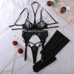 thumbnail for European and American cross-border high-quality see-through mesh hollow open back halterneck shaping sexy underwear split set with stockings