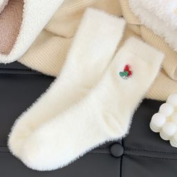 thumbnail for Autumn and winter socks, women's white mink fleece Christmas socks, snowman Santa Claus, Christmas tree elements, thickened warm socks