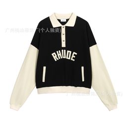 thumbnail for RHUDE American Style Vintage Letter Logo Embroidered Lapel Button Sweater Casual Loose Polo Shirt for Men and Women