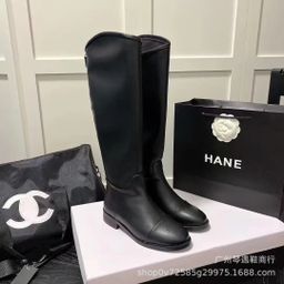 thumbnail for Small fragrance style leather long warm Martin boots, women's thick sole heightened knight boots, winter new round toe no more than knee boots
