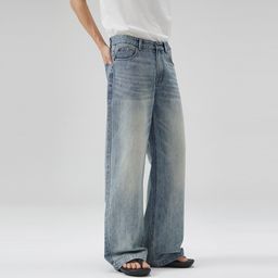thumbnail for LKTM Men's Washed Blue & White Gradient Contrast A-Line Jeans Men's Trendy Loose Casual Straight-leg Floor-Length Trousers