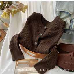 thumbnail for Pony embroidered twist knitted cardigan autumn winter early spring vintage crew neck red white long sleeve sweater women's coat