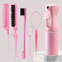 thumbnail for Cross-border dropshipping bestselling hair comb set, bristle brush, highlighted, pointed tail comb, continuous spray bottle set, hair stretching needle pull