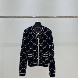 thumbnail for Nanyou high-end crew neck knitted wool cardigan double G pocket metal button jacket jacquard sweater woman