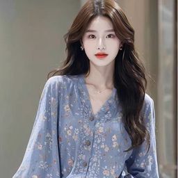 thumbnail for 2025法式优雅绝美蓝色碎花V领长袖春秋新款超好看宽松遮肉衬衣女