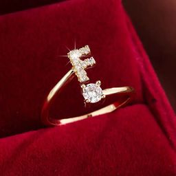 thumbnail for TEMU Hot Sale 26 English Alphabet Micro-inlaid Zircon Fashion Women&#039;s Ring Copper Plated 14K Open in stock Ring
